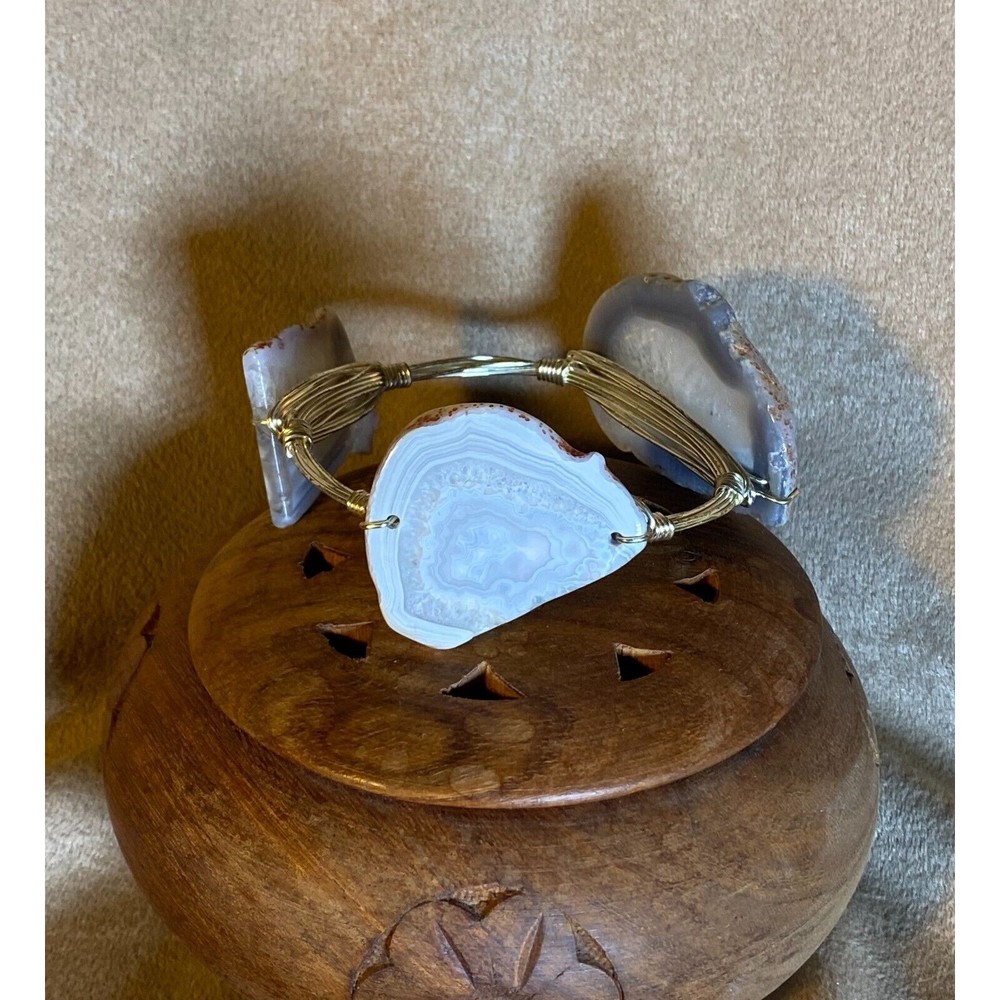 Bangle Bracelet of Agate Slices With Silver Wire Hand Made